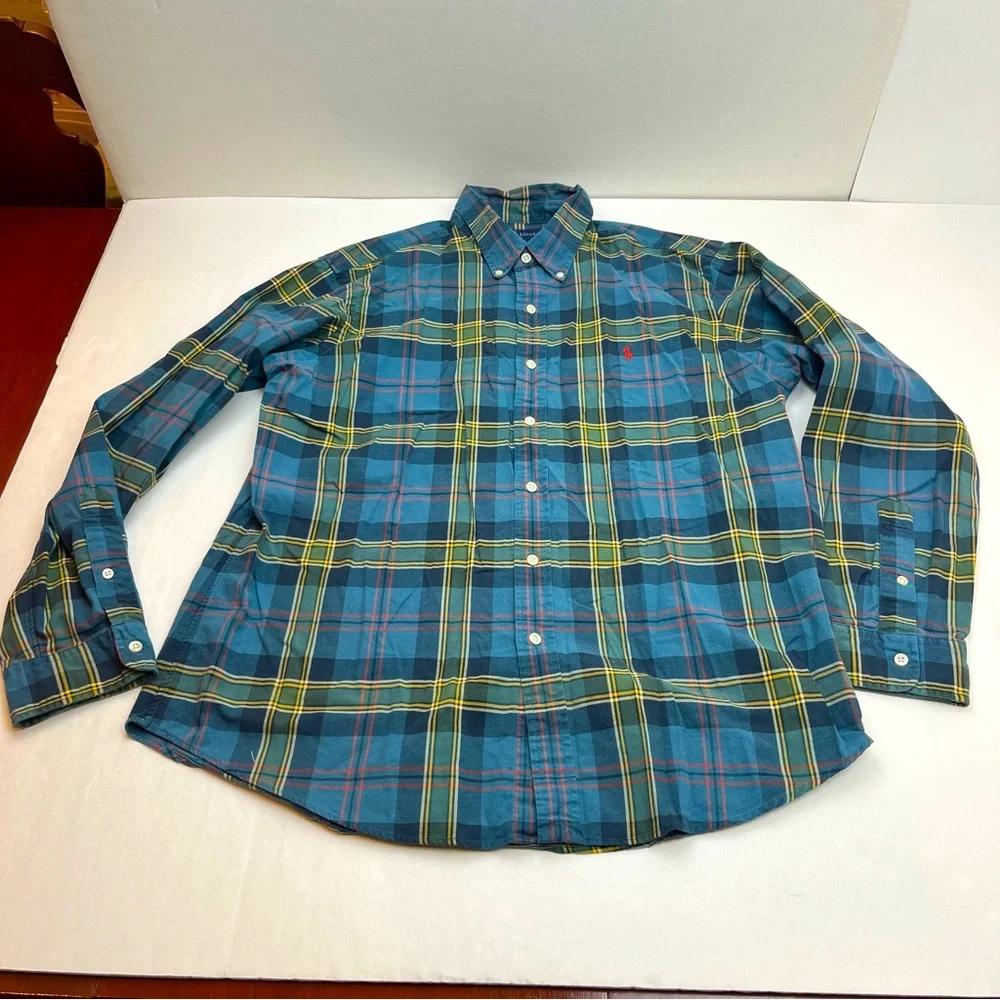 Polo Ralph Lauren Custom Fit Blue Green Plaid Long Sleeve Shirt Mens Size‎ XL